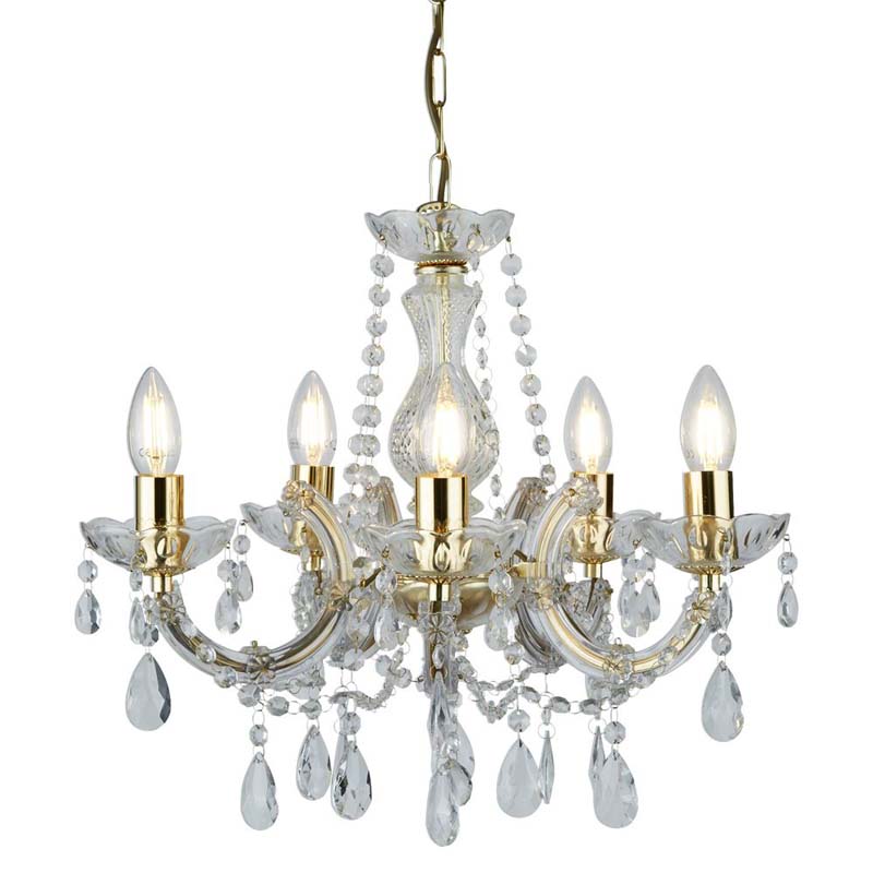 Decorative Polished Brass 5 Light Chandelier & Crystal Decor